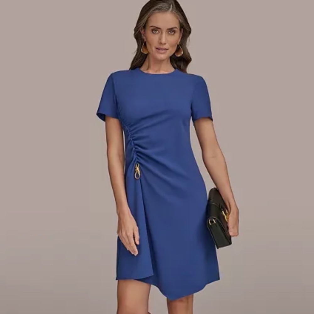 Donna Karan New York Dress Womens 14 New Blue Ruched Gold Hardware MSRP $149